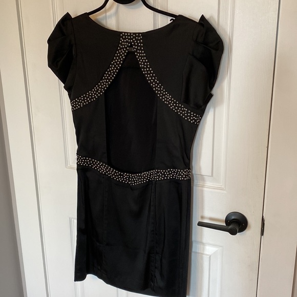 M dress, puff short sleeve, black satin with silver studded detail - Picture 2 of 5